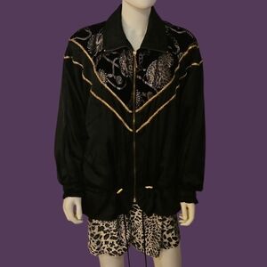 Vtg LAVON 1990s Black and Gold Oversized Metallic Swishy Track Jacket
